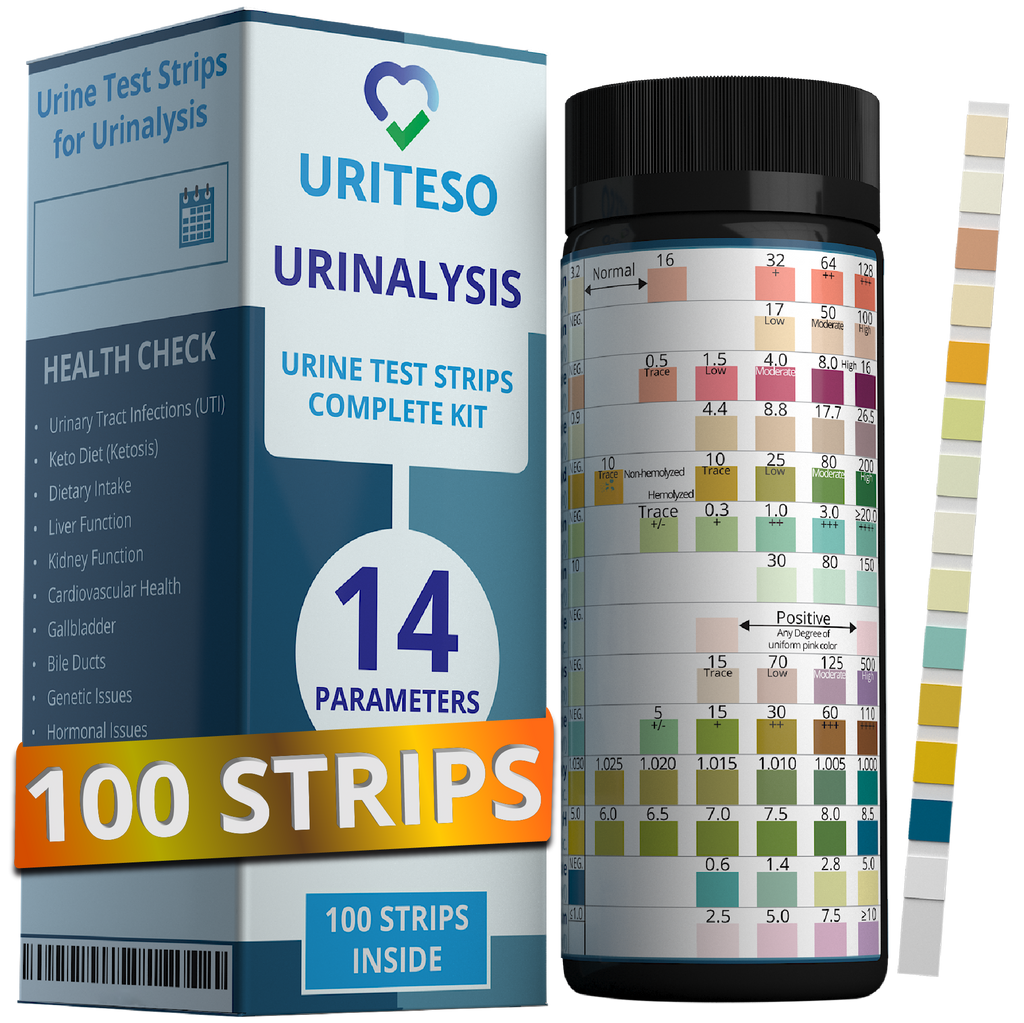 URITESO 14 Parameter Full Panel Urine Test Strips for Urinalysis | 100 Strips - Testing Kit for Kidney, Liver, UTI, Keto Diet, Ketosis, Hydration, Proteinuria - RBC, PRO, BIL, PH, SGR, CRE, KET, SG +6 More