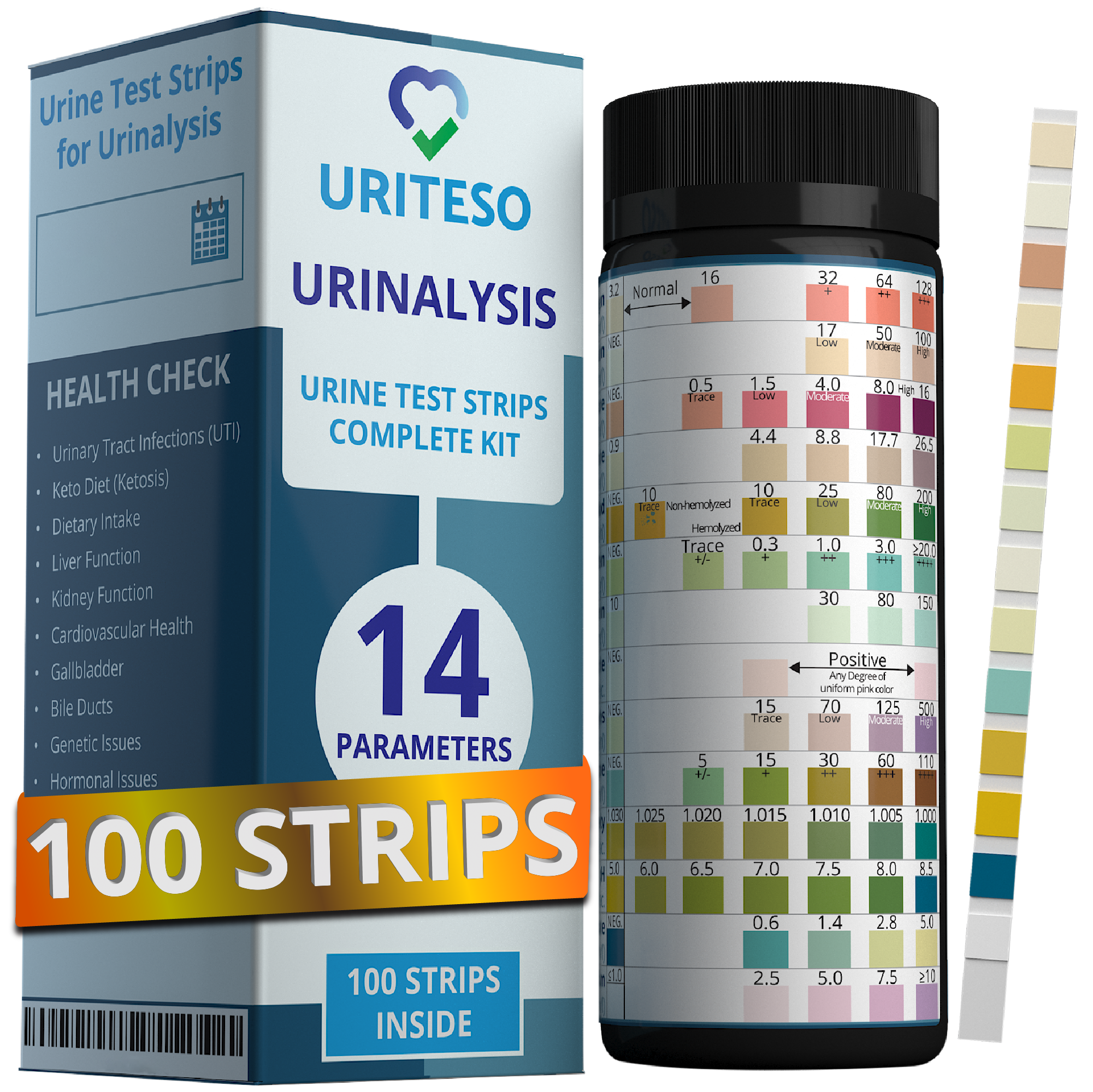URITESO 14 Parameter Full Panel Urine Test Strips for Urinalysis | 100 Strips - Testing Kit for Kidney, Liver, UTI, Keto Diet, Ketosis, Hydration, Proteinuria - RBC, PRO, BIL, PH, SGR, CRE, KET, SG +6 More
