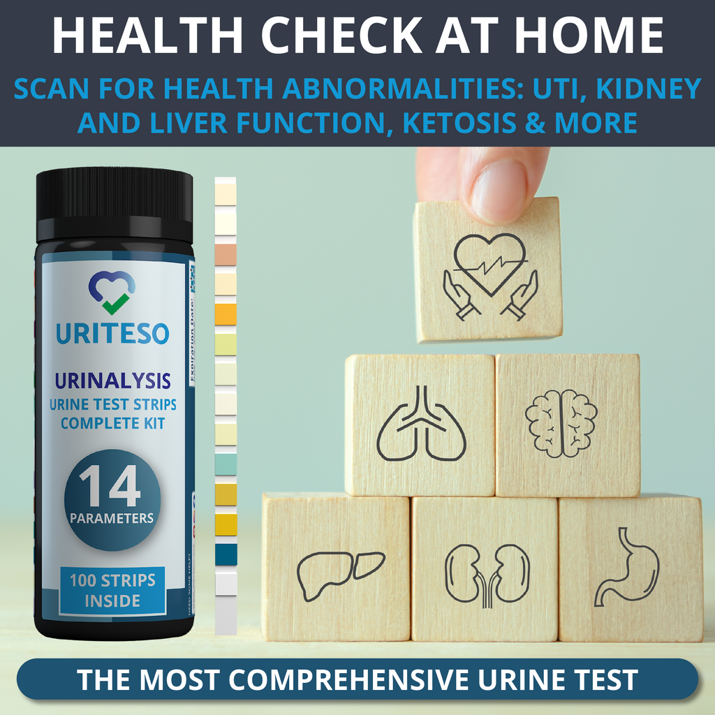 URITESO 14 Parameter Full Panel Urine Test Strips for Urinalysis | 100 Strips - Testing Kit for Kidney, Liver, UTI, Keto Diet, Ketosis, Hydration, Proteinuria - RBC, PRO, BIL, PH, SGR, CRE, KET, SG +6 More