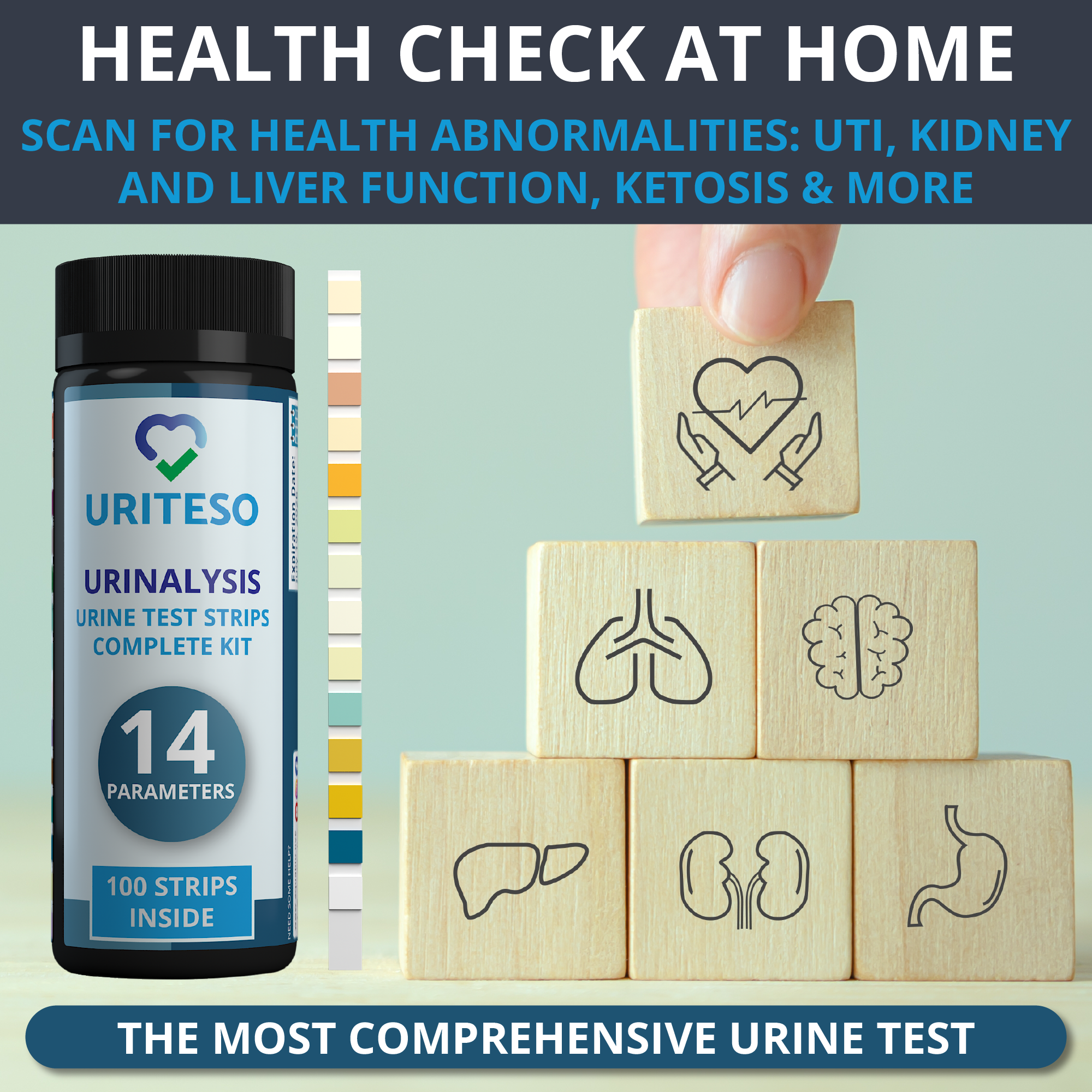 URITESO 14 Parameter Full Panel Urine Test Strips for Urinalysis | 100 Strips - Testing Kit for Kidney, Liver, UTI, Keto Diet, Ketosis, Hydration, Proteinuria - RBC, PRO, BIL, PH, SGR, CRE, KET, SG +6 More