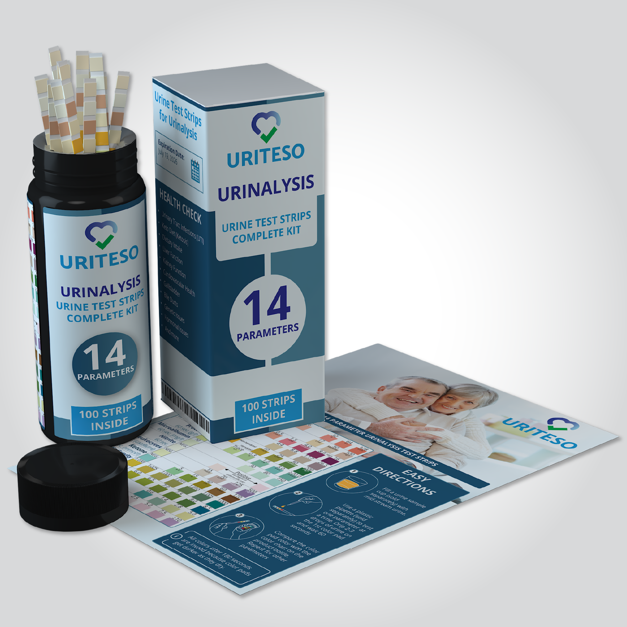 URITESO 14 Parameter Full Panel Urine Test Strips for Urinalysis | 100 Strips - Testing Kit for Kidney, Liver, UTI, Keto Diet, Ketosis, Hydration, Proteinuria - RBC, PRO, BIL, PH, SGR, CRE, KET, SG +6 More